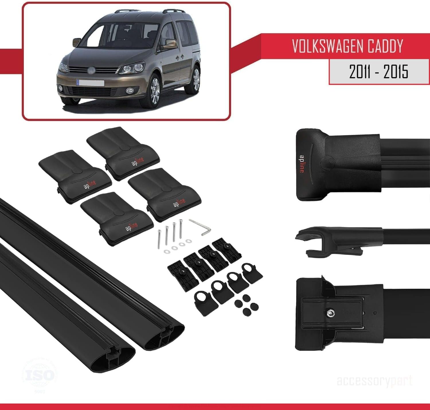 Compatible with Volkswagen Caddy 3 (2K) 2011-2015 Fly Model Car Roof Rack Cross Bar Black Aluminium 2 Bars