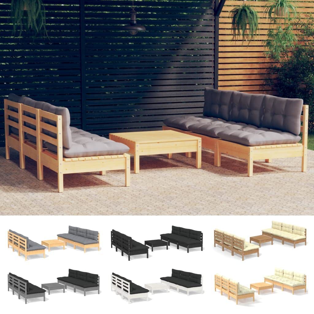vidaXL Juego de Muebles de Jardín 7 Piezas y Cojines Patio Terraza Sofá Silla Mesa Asiento Hogar Mobiliario Exterior Suave Robusto Gris Madera Pino