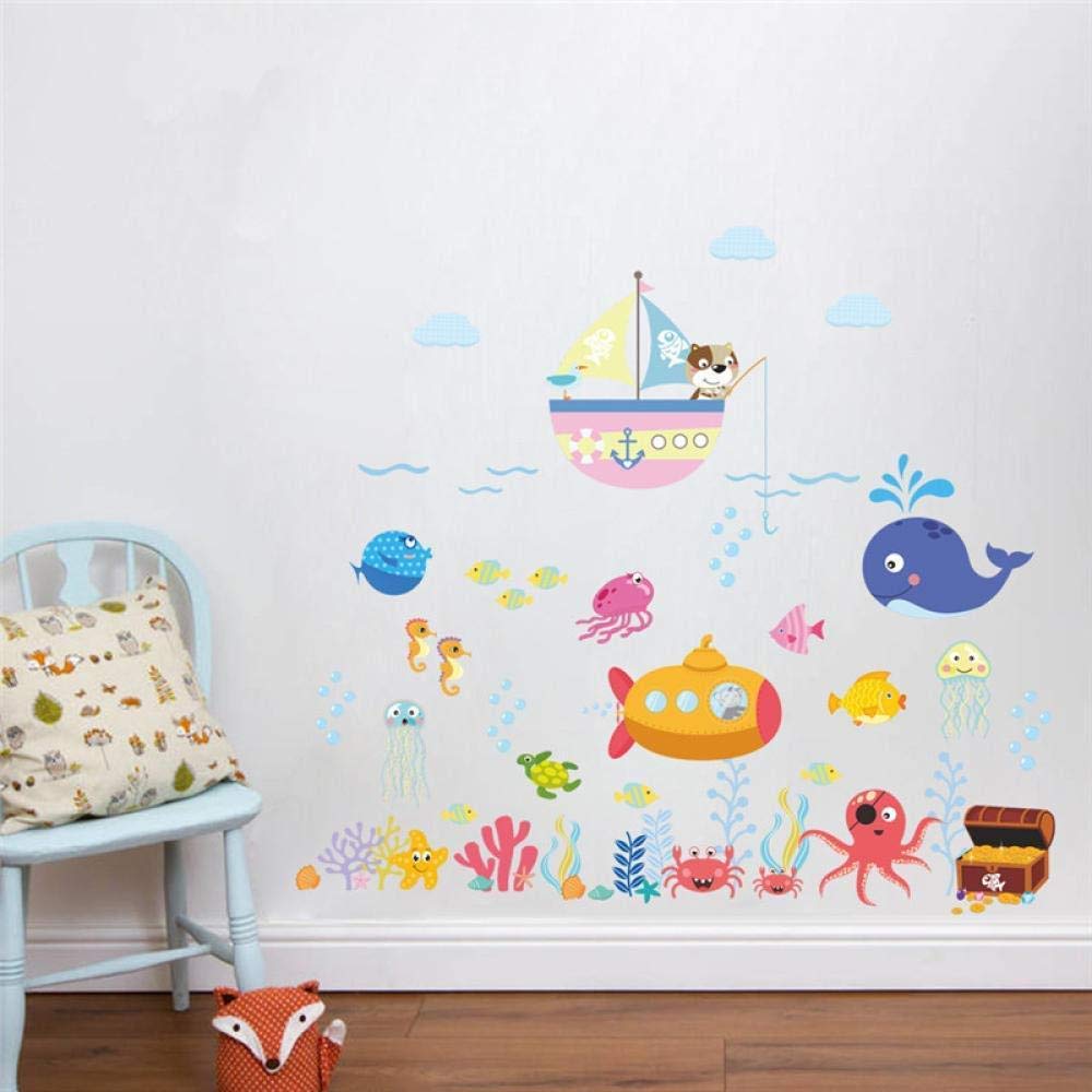 Wall Sticker Kids Room Marine Kitten Fishing Cartoon Bath Underwater World Fish Bedroom Wall Decoration Decal Sticker