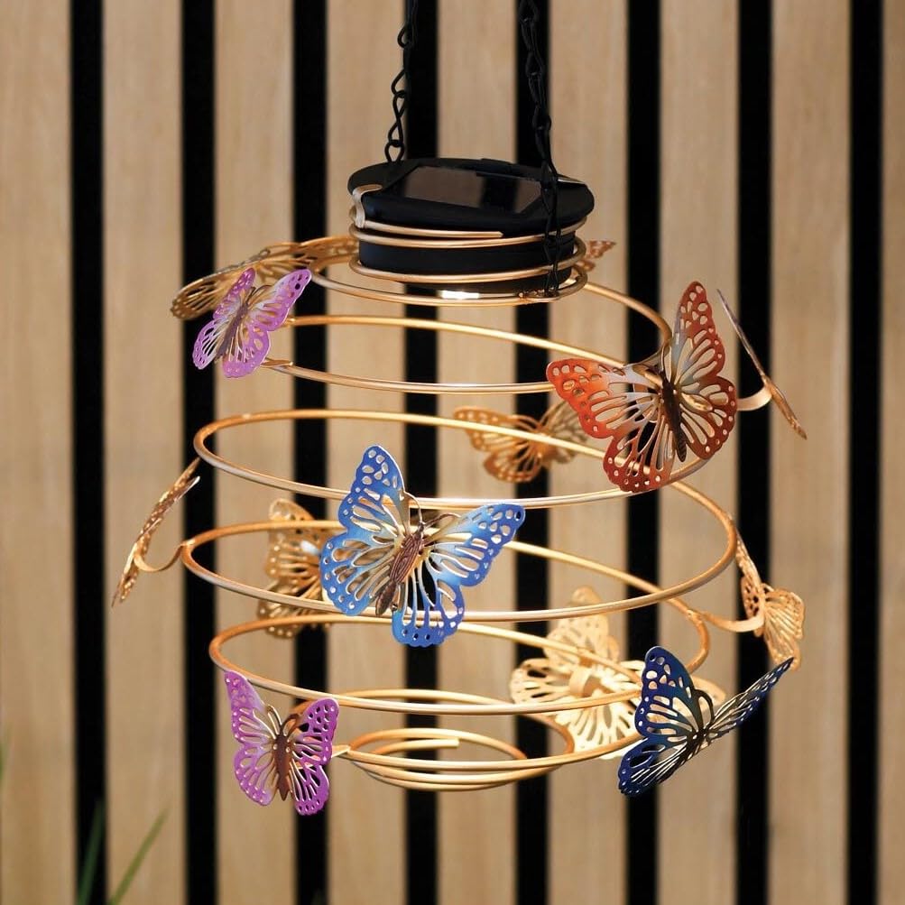 New Beautiful Hanging Butterfly Solar Lantern Spiral Light with Colourful Butterfly Detailing and Soft Warm White Illumination for Magical Garden Ambience Outdoor Décor-N53
