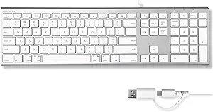 Macally USB C Keyboard (Upgraded) - Dual USB A + C Plug - Wired Keyboard for Mac - Ultra Slim, 20 Shortcuts, 110 Scissor Keys - for MacBook Pro/Air, Mac mini, iMac, iPad - Silver Aluminum