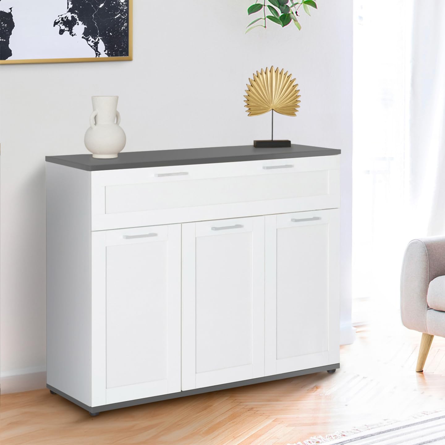 IDMarket - Aparador de 100 cm Vito, 3 puertas y 1 cajón, placa blanca y gris