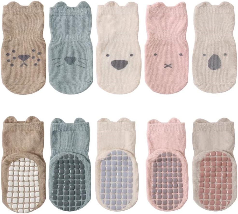 5 Pairs Baby Kids Anti-slip Socks Cotton non skid Ankle Socks Animals, Multicolor, 1-3 Years