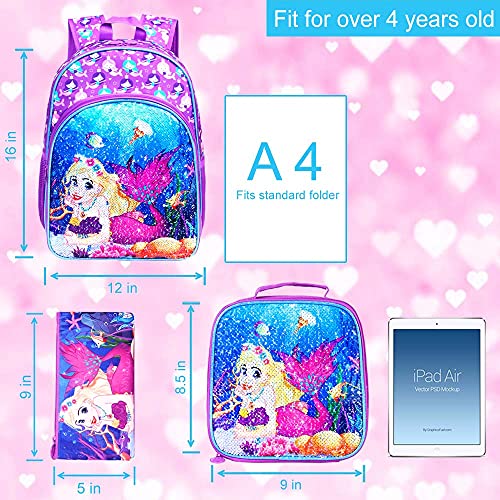 Ufndc 3Pcs Mermaid Backpack For Girls, 16”Kids Sequin Bookbag With Lunch Box, School Bag For Elementary Toddler #TOP3