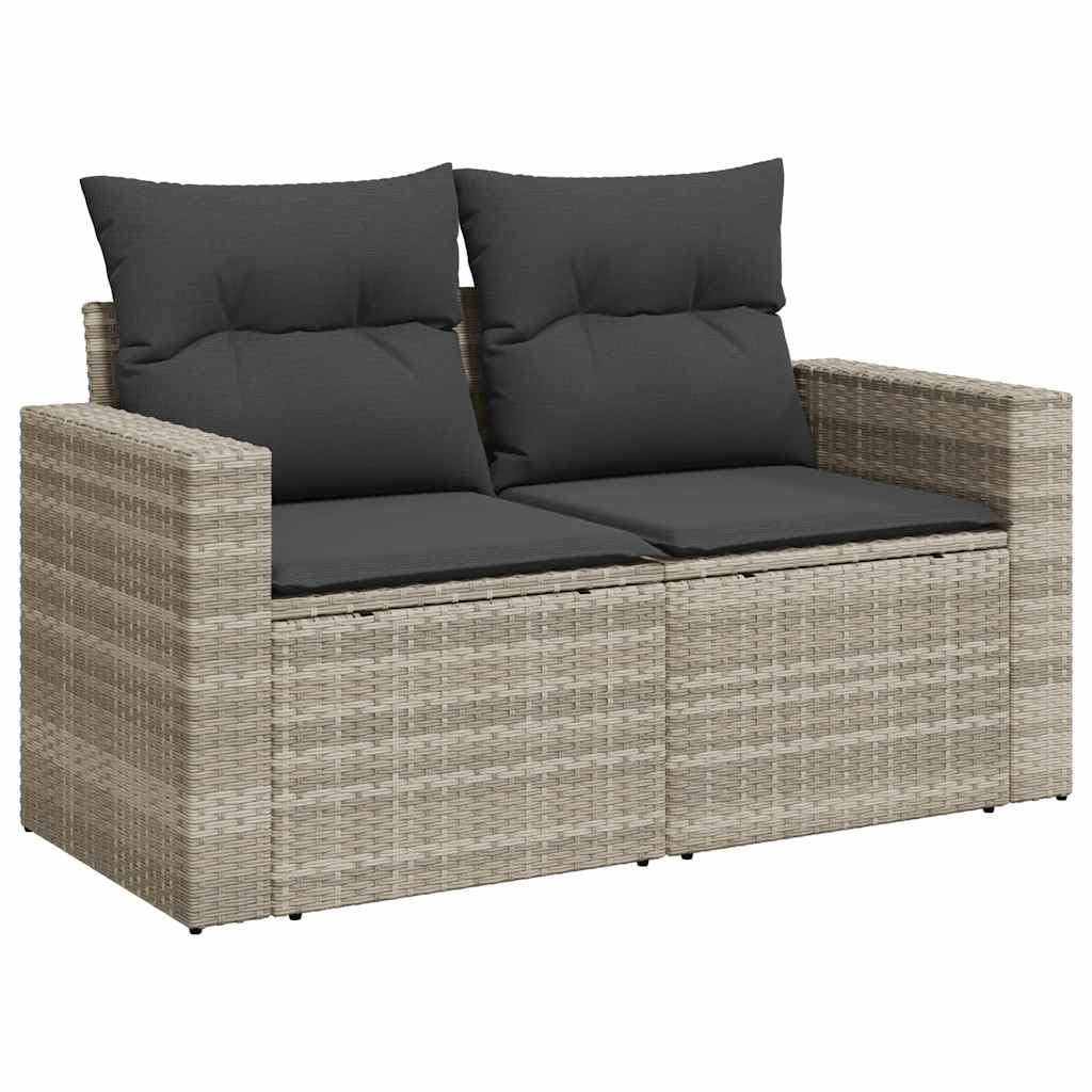 11-teiliges Gartenmöbel Set aus hellgrauem Poly Rattan mit Kissen, wetterfeste Lounge Sitzgruppe für Terrasse Balkon und Wintergarten, inkl. Tisch, Sofa, Sessel, Regal und Fußhocker