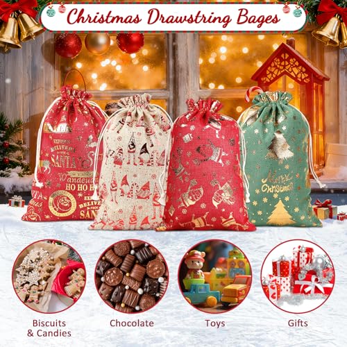 8 Stück Weihnachten Geschenk Beutel mit Kordelzug, Bunt Weihnachten Geschenktüte, Wiederverwendbare Weihnachtens Tasche Säckchen Geschenk für Hochzeitsgeschenke, Party, Weihnachtens (20×30cm)