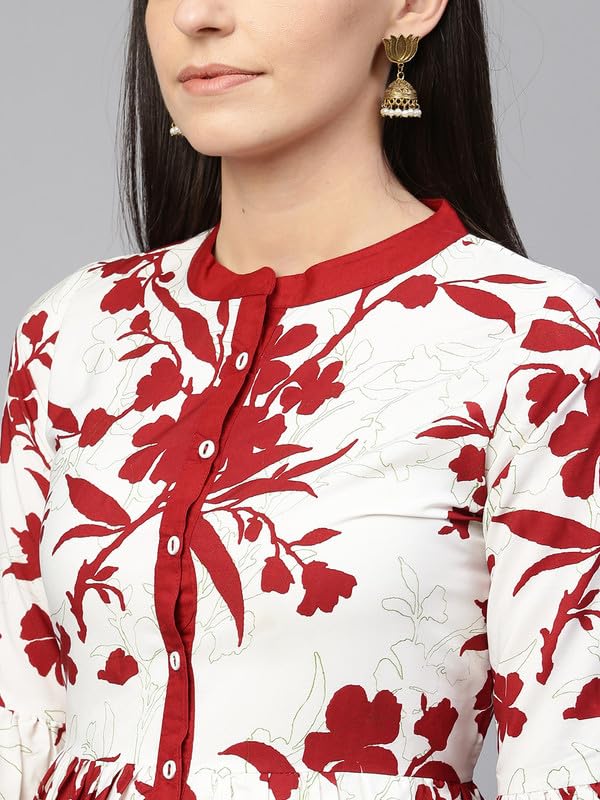 Image of RANGMAYEE Women White and Maroon Printed A-Line Midi Dress