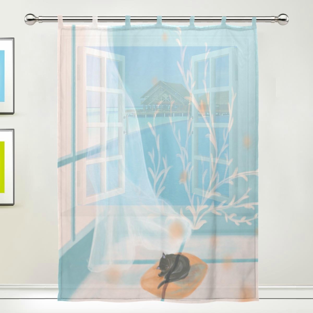 TSWEETHOME Window Treatments Sheer Curtains Draperies with Sleeping Cat for Living Room, Bedroom, Nursery Sliding Glass Door Rod Pocket Process (1 Panel,55x78 Inch)