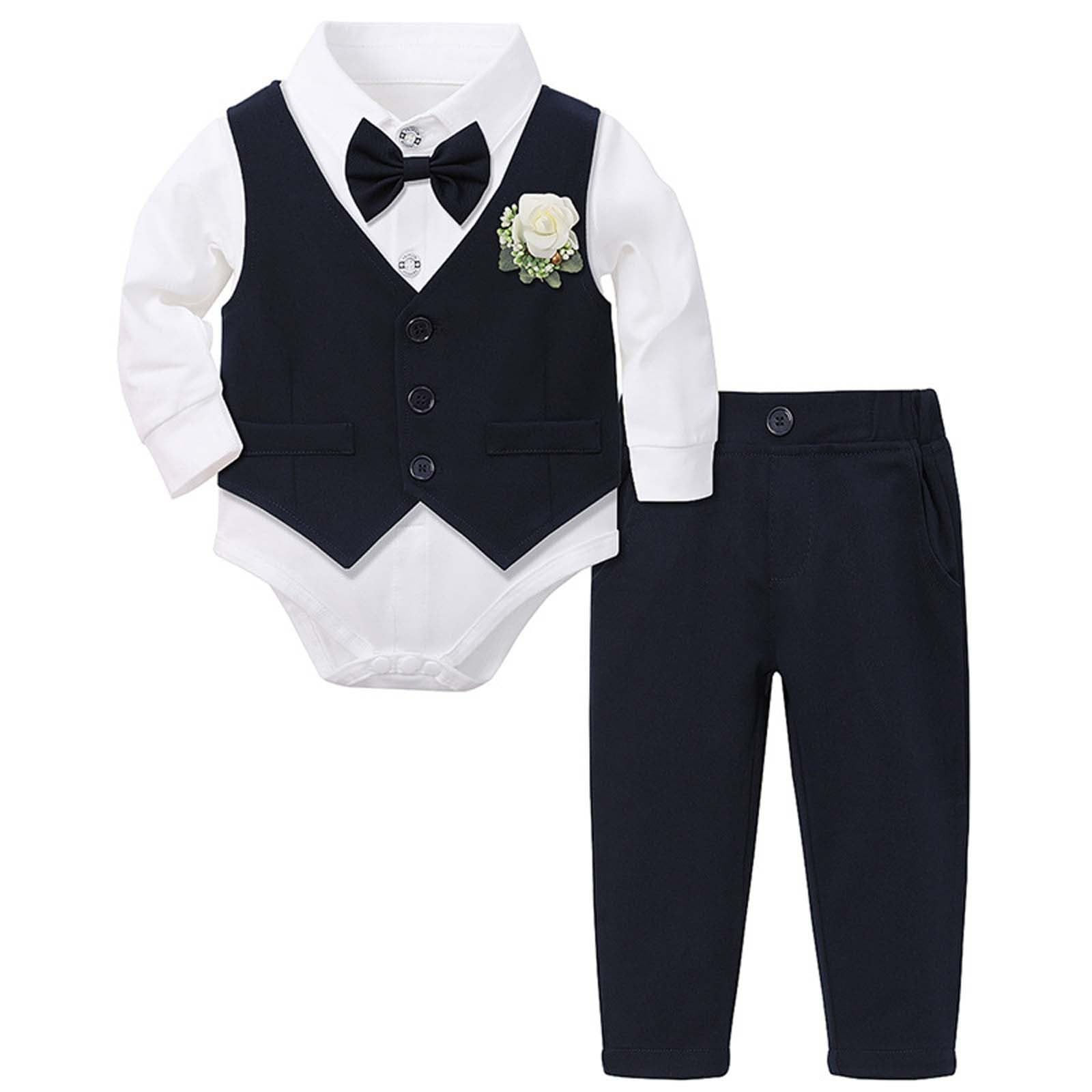 Vêtements pour bébé garçon Costumes pour bébé Tuxedo Gentleman Tenues Chemise habillée + Gilet + Pantalon Ensembles de Costume pour bébé (Navy, 12-18 Months)