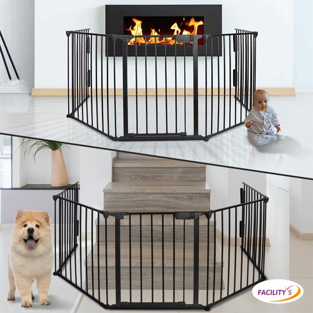 FACILITYS - Barrière de Sécurité Enfant - Grille Protection Cheminée Enfant Pliable - Grand Format en Métal de 300 cm - 1 Porte et 5 Panneaux Préassemblés - Barrière Poêle à Bois et Escalier