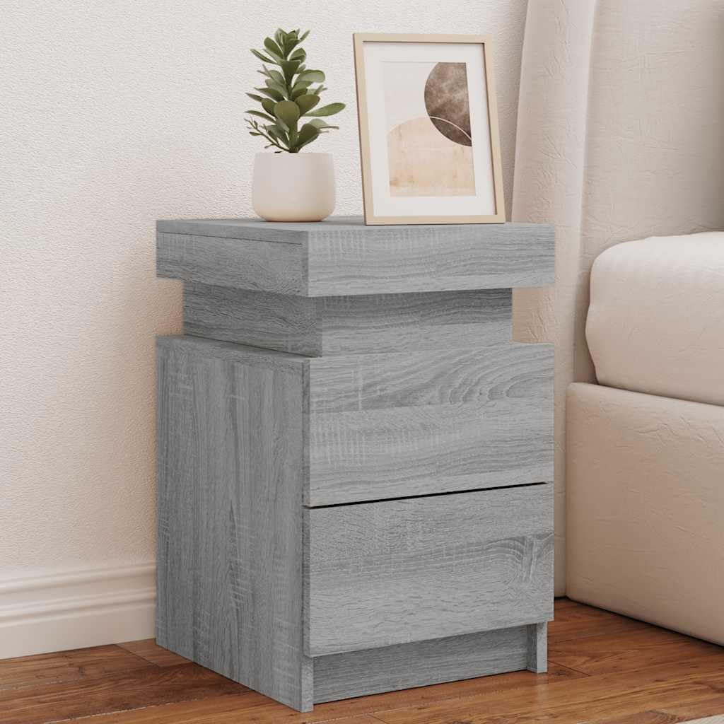SXZenSpace LED Bedside Tables 2 pcs Grey Sonoma 35x39x55 cm Engineered Wood Nightstand with RGB Lights Slimline Bedroom Storage Cabinet for Living Room Corridor and
