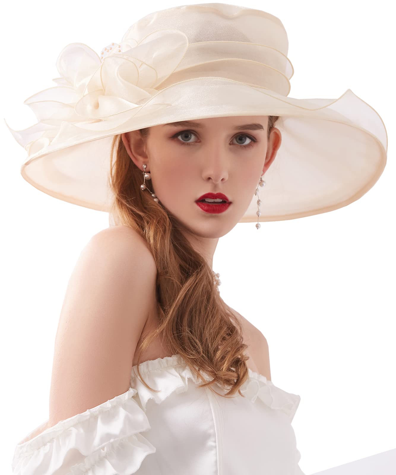 Tlmnu Women's 09Purebeige Organza Fascinator Hat - Wide Brim Church Bridal Tea Party Wedding Hat, One Size