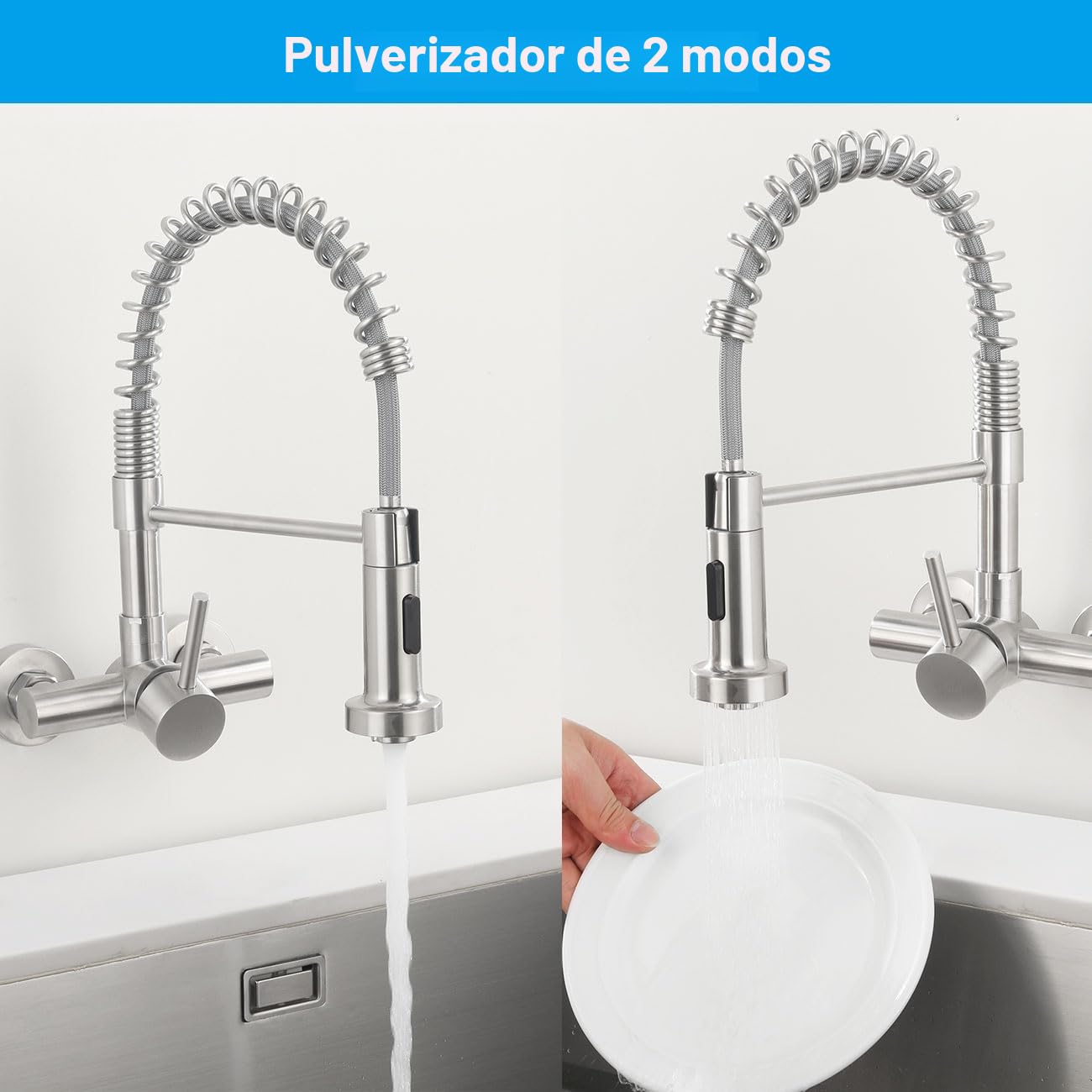 Grifo Cocina de Pared 11cm (± 1,5cm) con Ducha de 2 Modo, Grifería de Fregadero Giratorio Flexible de 360​°, Mezclador Resorte de Acero Inoxidable 304, Aireador Extraíble, Alta Presión