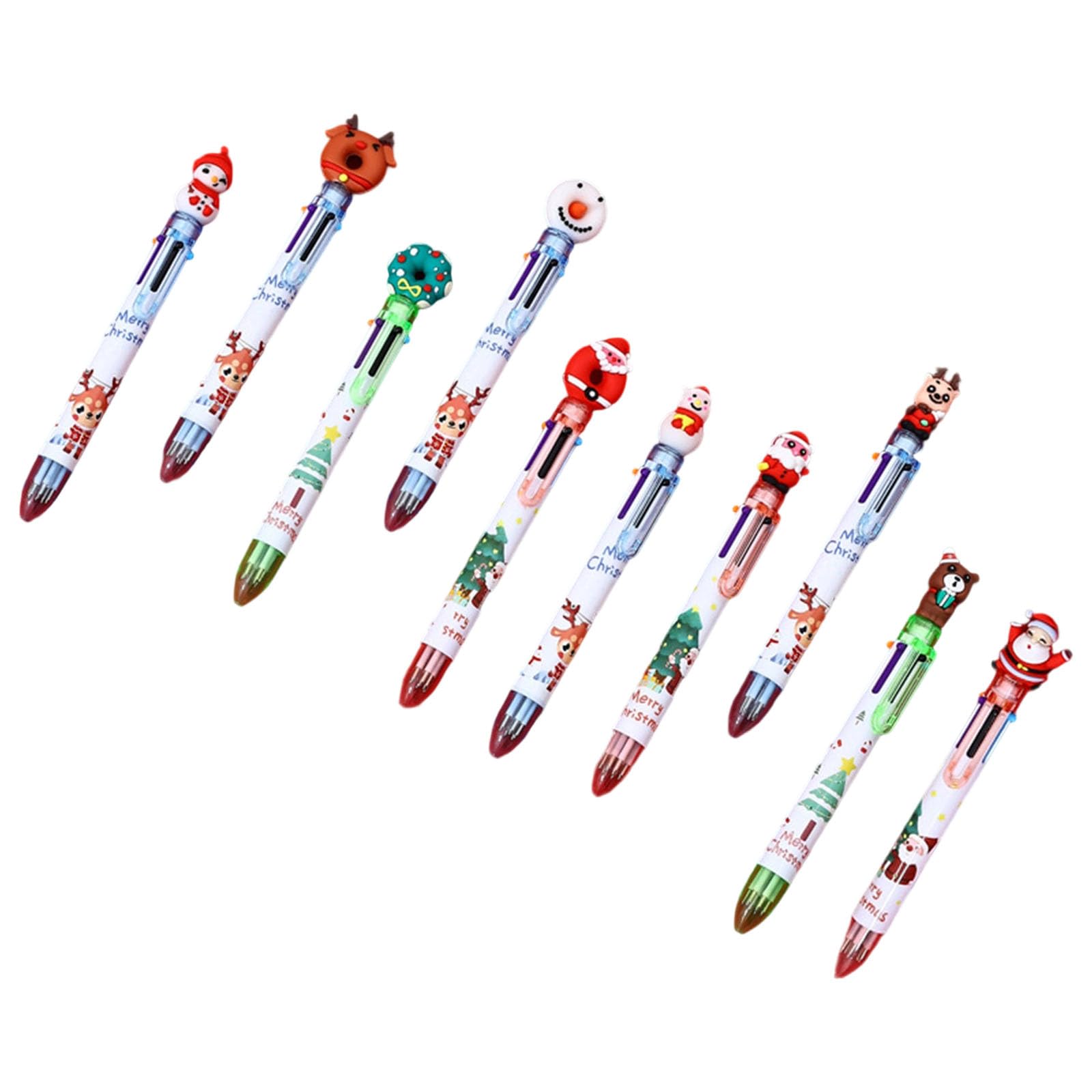 10Pcs Christmas Multicolored Ballpoint Pens 6-in-1 Retractable Ballpoint Pen Snowman Reindeer Christmas Tree Quick Dry Smooth Writing Pen