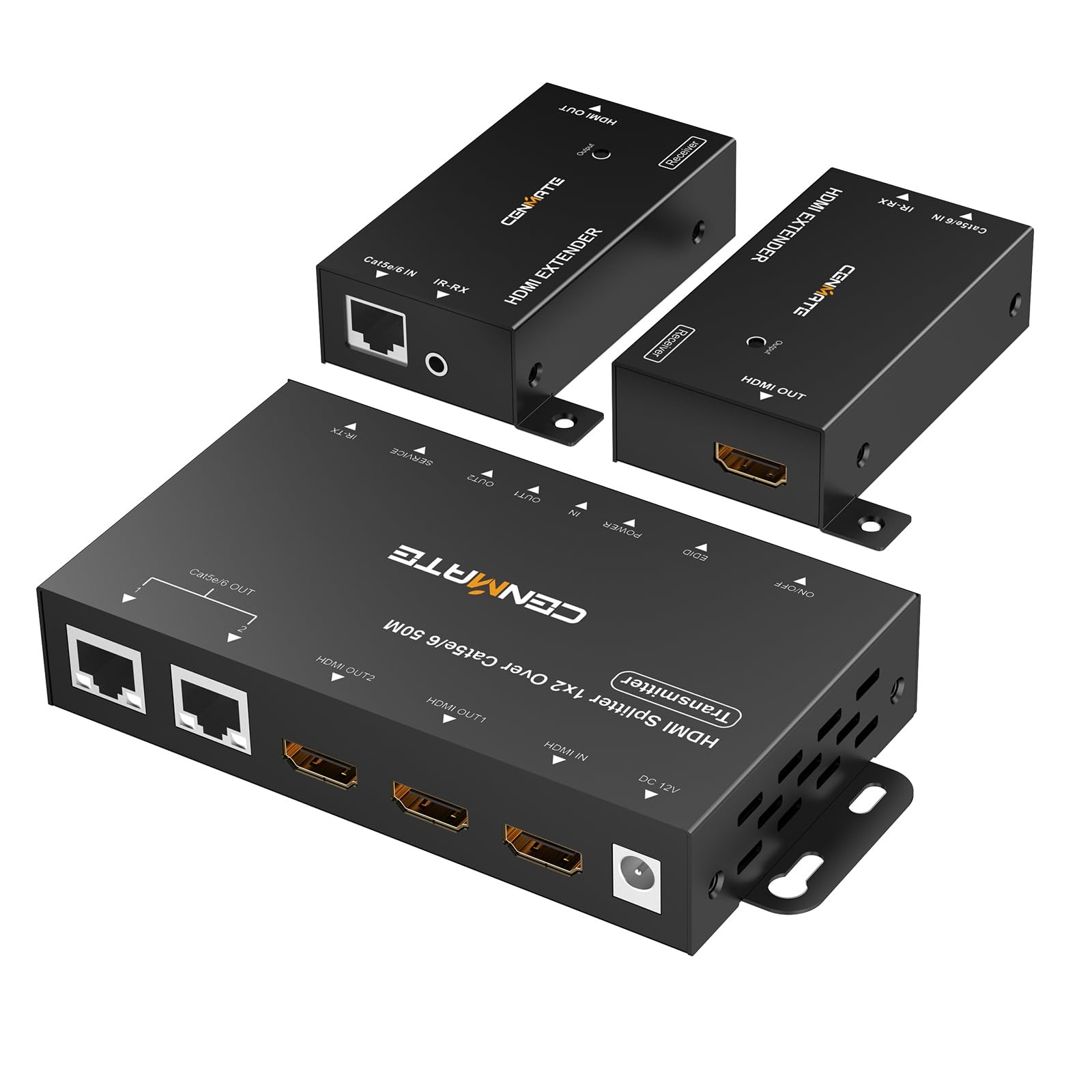 CENMATE 1x2 HDMI Extender Splitter, 1080P@60Hz HDMI Over Ethernet, Up to 165 FT Transmission Over CAT5e/6/7, 2 Channel Transmission with 2 Loop Out,