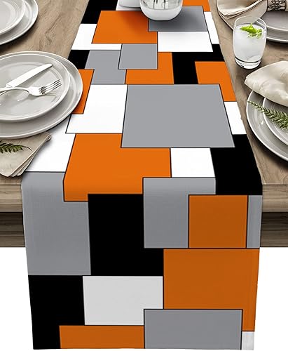 Miniatura 24 de Camino de mesa de lino de arpillera de 108 pulgadas de largo, arte abstracto moderno, bloque de color, gris, negro y rojo, camino de mesa