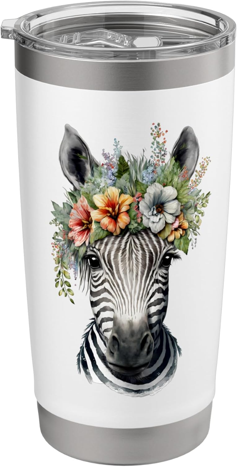 Zebra Safari Animal Mountain Zebra Hibiscus Flower Animal Stainless Steel Insulated Tumbler