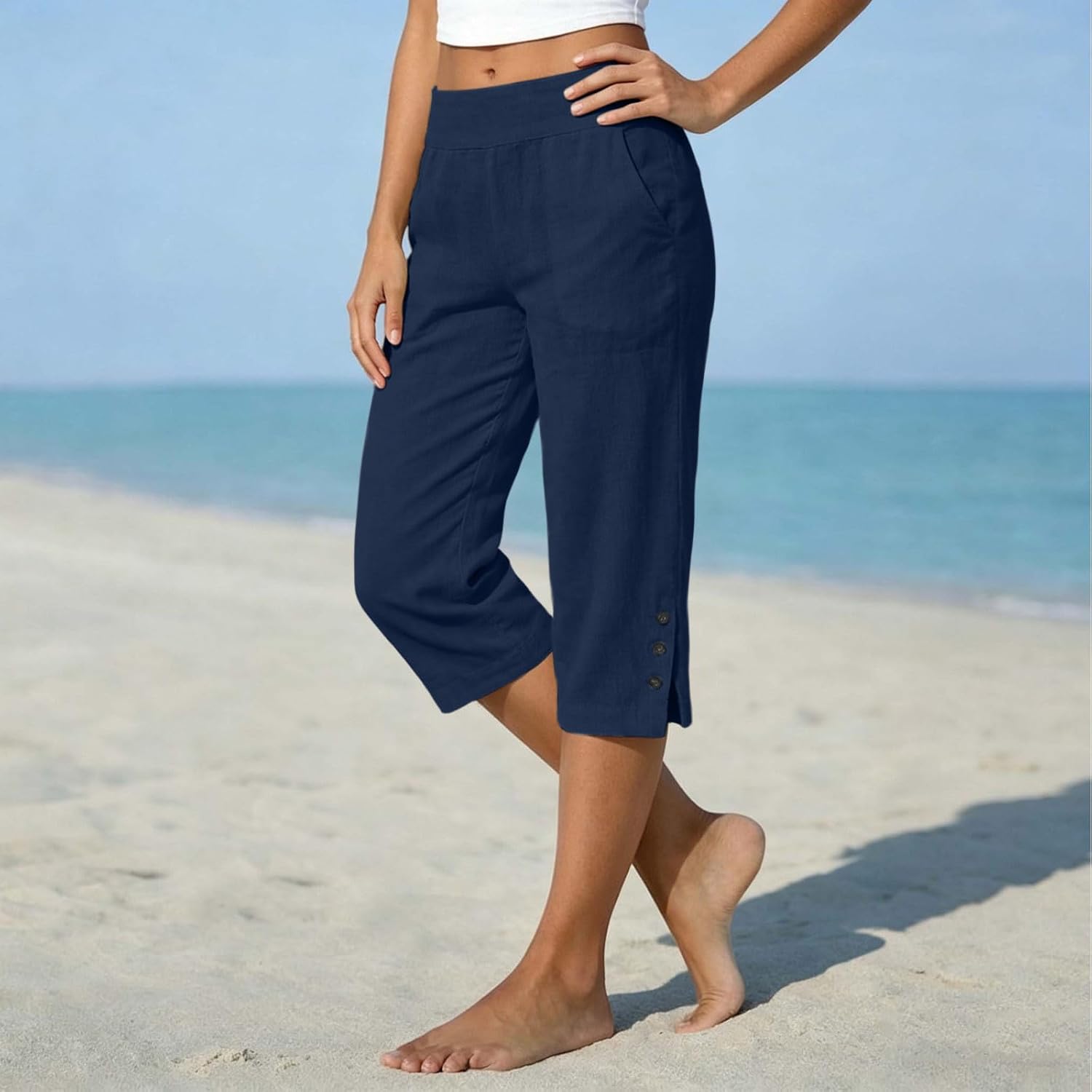 Cotton Linen Capri Pants for Women 2026 Split Hem Petite Bermuda Shorts Knee Length Elastic Waist Summer Beach Long Shorts
