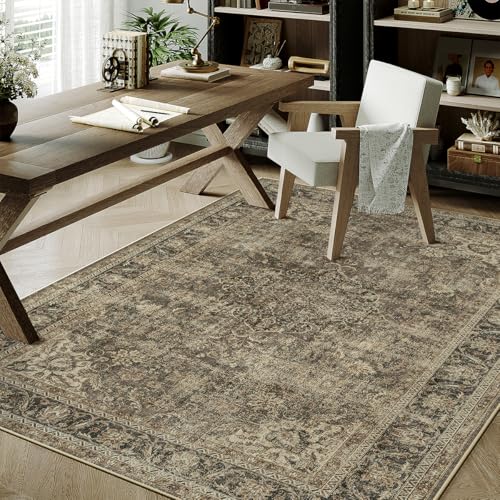 4x5 Washable Brown Vintage Area Rug for Entryway Non-Slip Low Pile Traditional Carpet Retro Distressed Soft Thin Accent Throw Rug for Office Kitchen Bathroom Door Mat Indoor Dining Room