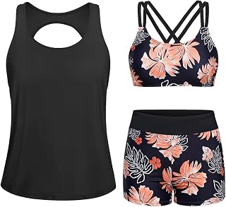 Yonique 3 Piece Athletic Tankini Swimsuit for Women Sport Swimwear with Boyshort Tank Top with Bra and Shorts Black and Or... Price In India