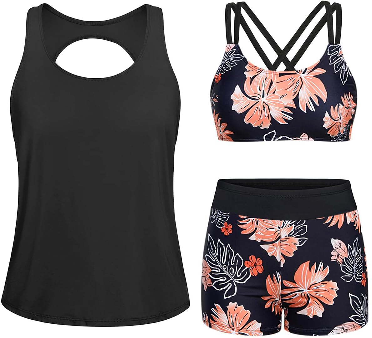 3 Piece Athletic Tankini Swimsuit for Women Sport Swimwear with Boyshort Tank Top with Bra and Shorts Black and Orange M-image-38