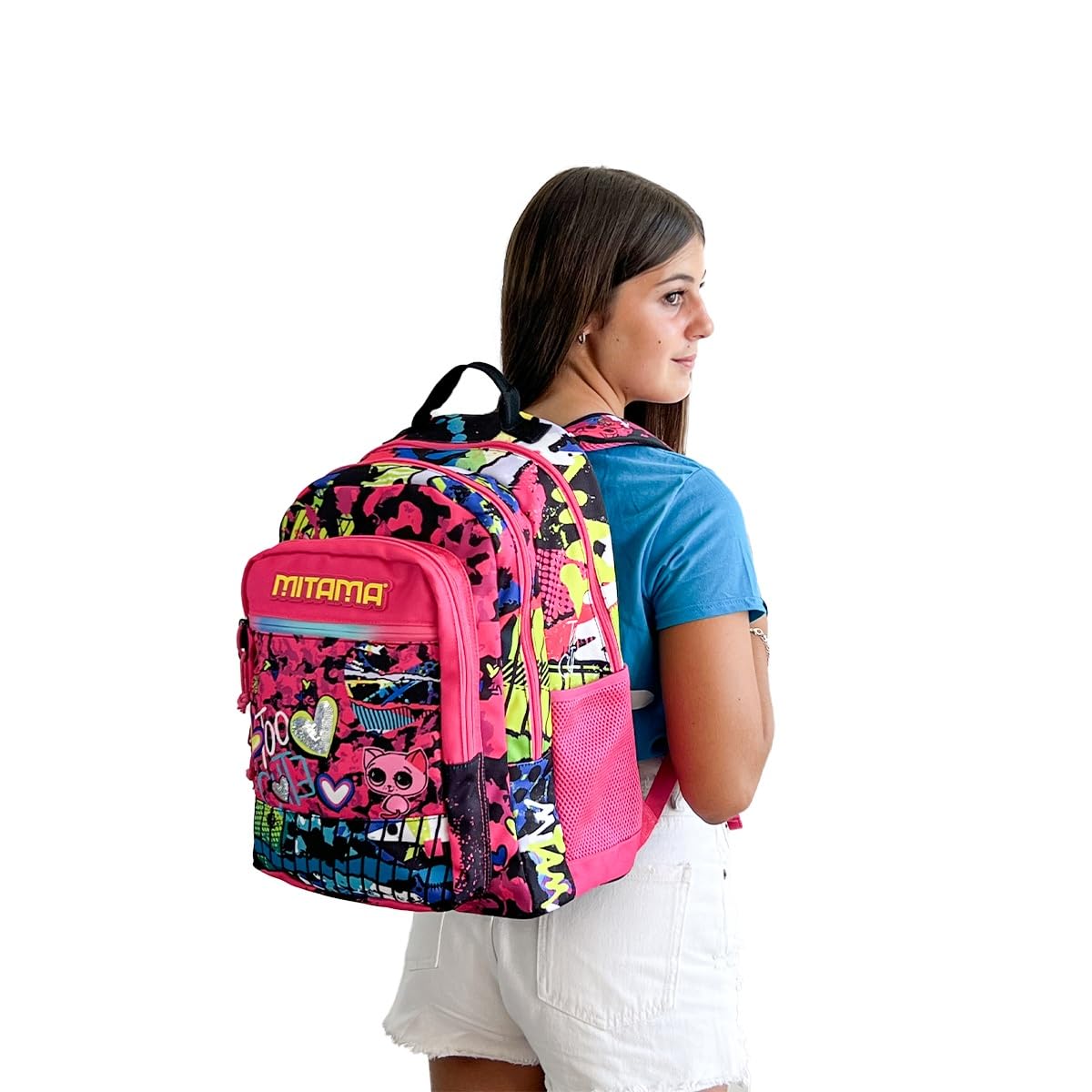 Mitama Zaino Triplo Scomparto Too Cute con Tasca frontale, Rosa e Nero, Scuola Elementare e Tempo Libero, Bambina Ragazza