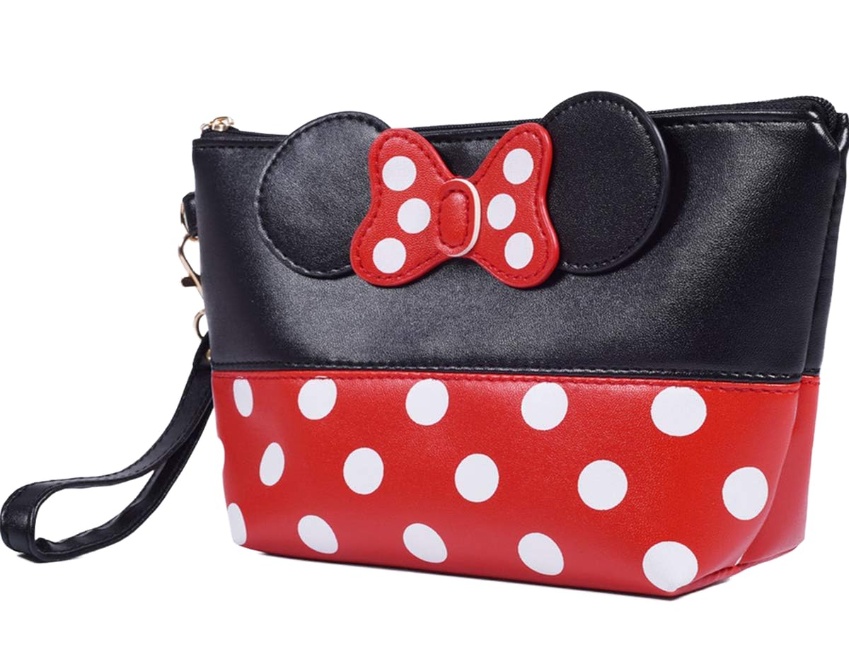 Cartoon Leather Travel Makeup Handbag, Cute Portable Cosmetic bag Toiletry Pouch for Women Teen Girls Kids (Black)