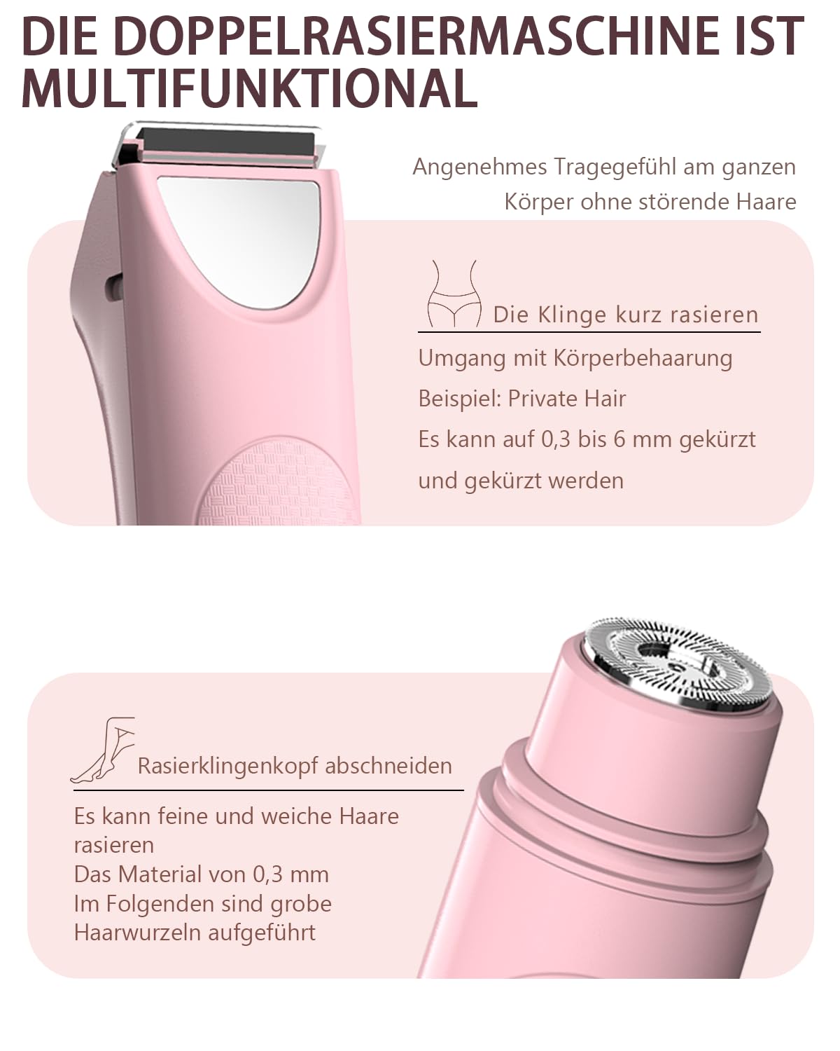 Afeitadora Eléctrica Mujer, Set de Depiladora Electrica 3 en 1 para Mujer, IPX7 Utilizable en seco/mojado Recortadora Corporal Mujer, Apto para Facial, Cuerpo y Las Zonas íntimas