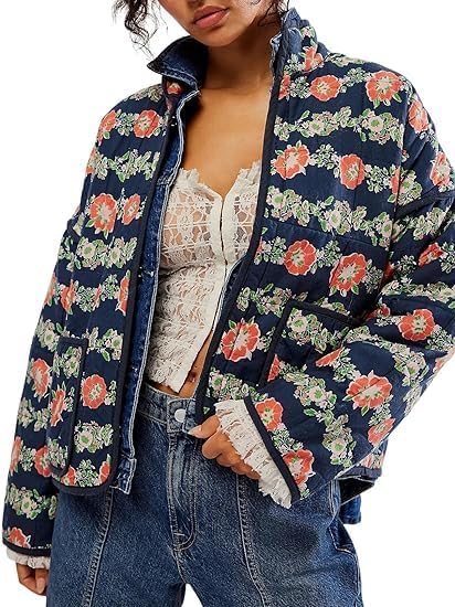 Women's Cropped Puffer Quilted Jacket Lightweight Long Sleeve Padded Floral Print Puffy Cardigan Outwear Coat