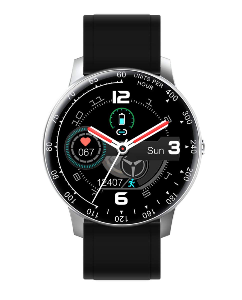 Radiant RAS20402 Smartwatch with black digital display and silver metal strap, showing time, date, heart rate, and step count.