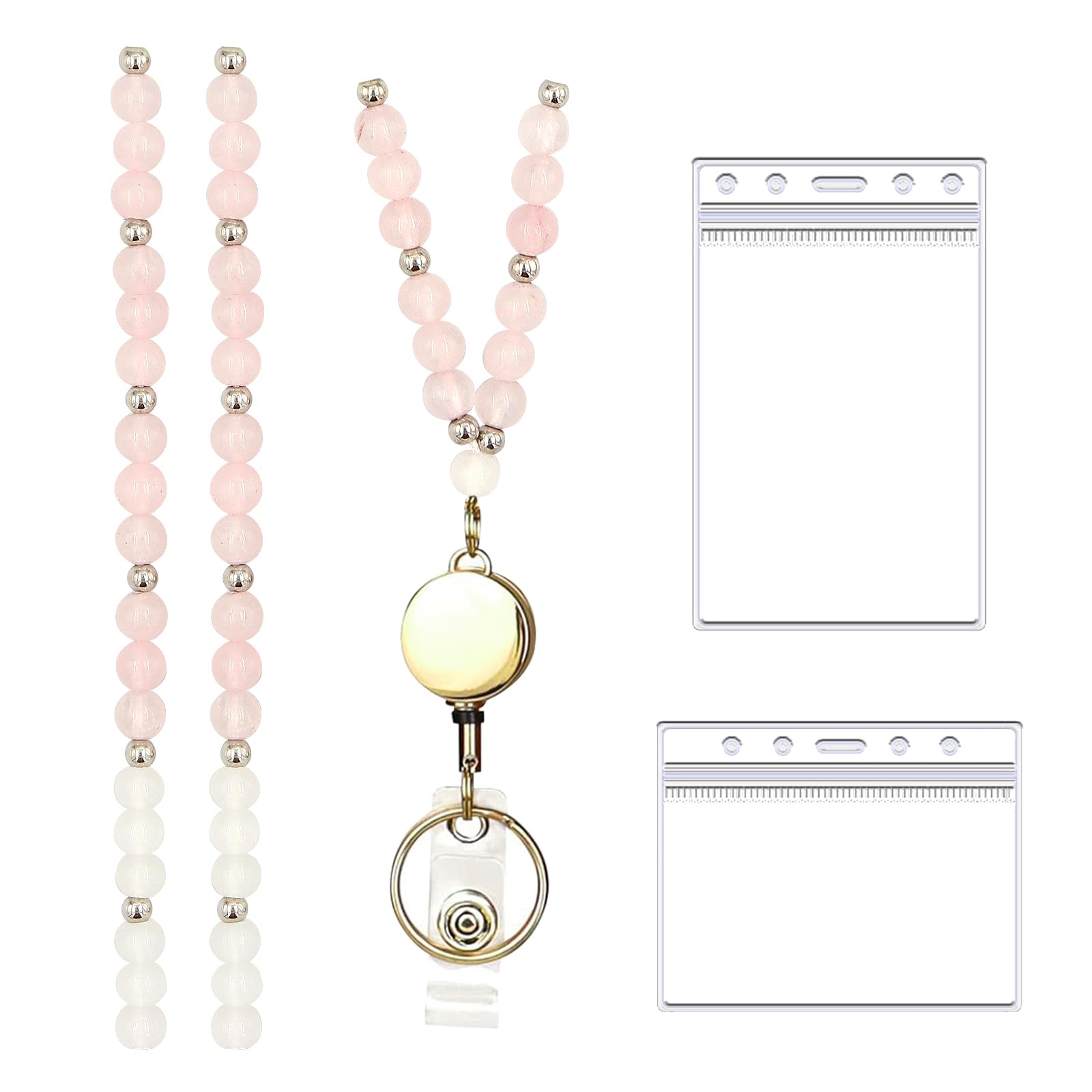 Retractable Lanyards for ID Badges and Keys, Pink Fashion Beaded Lanyard, Natural 3.0 Stone Beaded Teacher Lanyard for Women