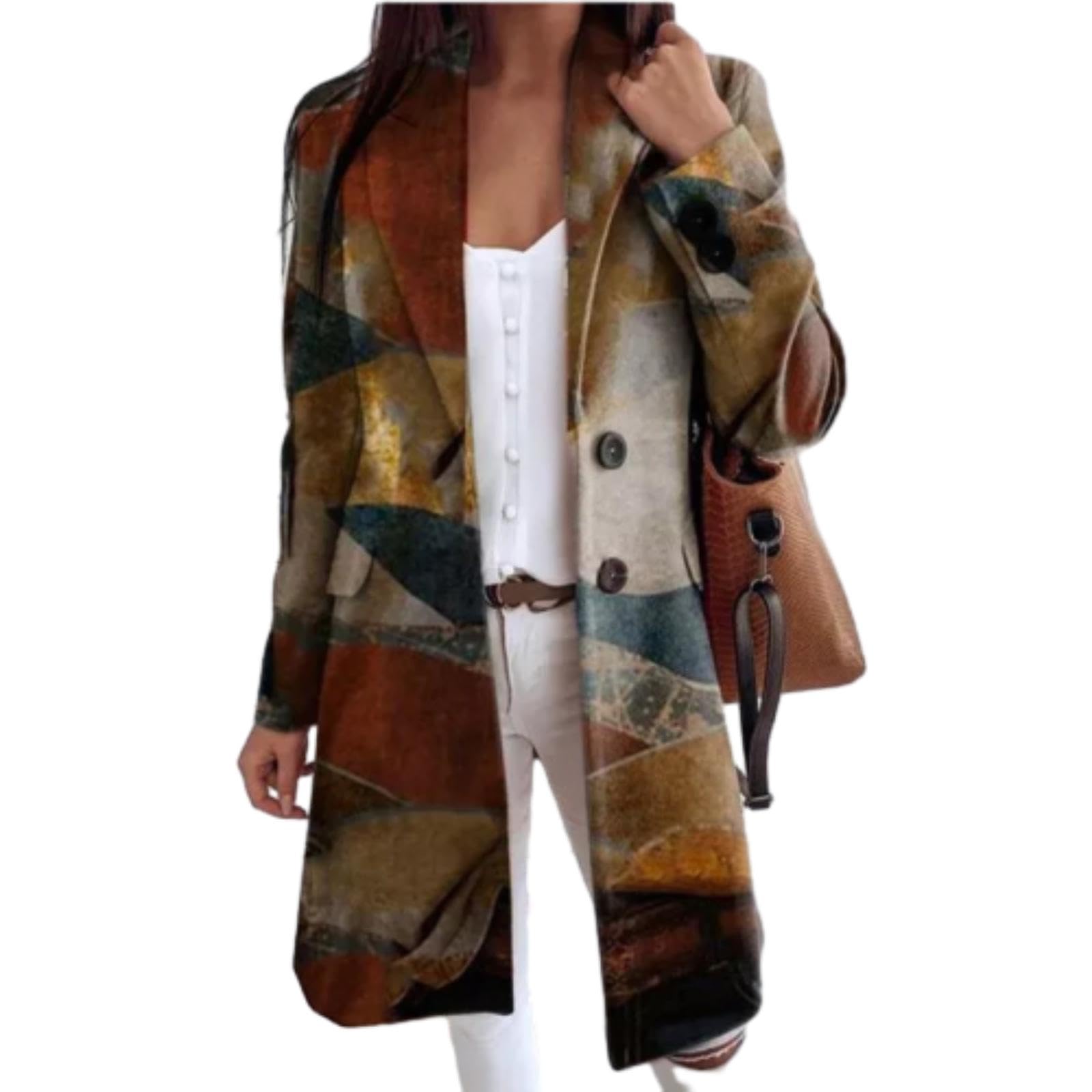 Womens Patchwork Wool Blend Trench Coat Vintage Lapel Single Breasted Mid Length Blazer Jacket Fall Winter Outwear