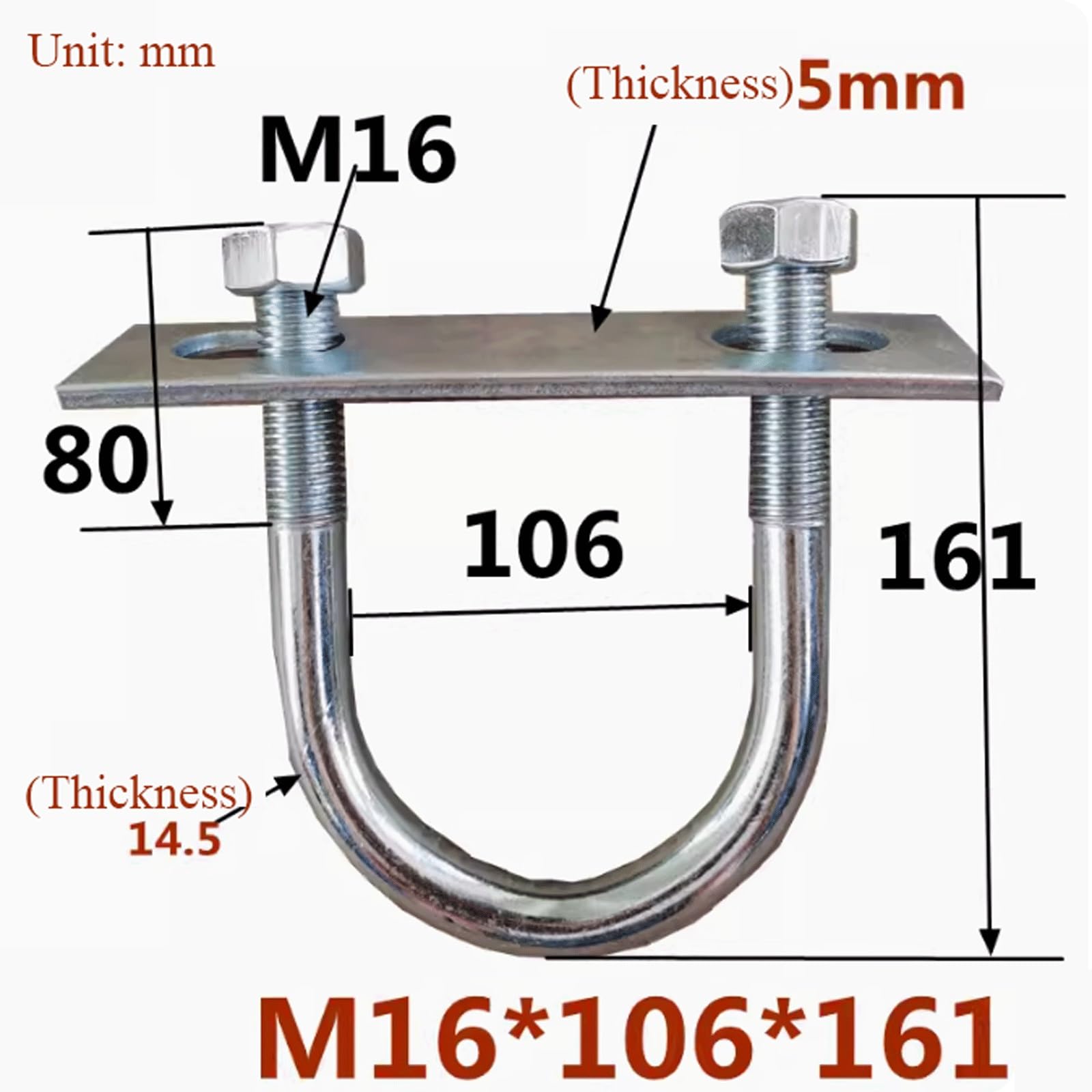 Bulloni a U in acciaio inossidabile, Bulloni a U M16 zincati con dadi argento dimensioni multiple(M16*106 * 161)