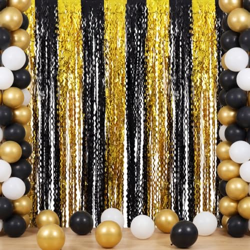 Image of TONIFUL 2Pcs Wavy Black Gold Metallic Tinsel Foil Fringe Curtains Streamers | 3.3ftx6.6ft Photo Booth Backdrop Tinsel Streamer Curtain, Props for Bachelorette Birthday New Year Graduation Christmas Decor