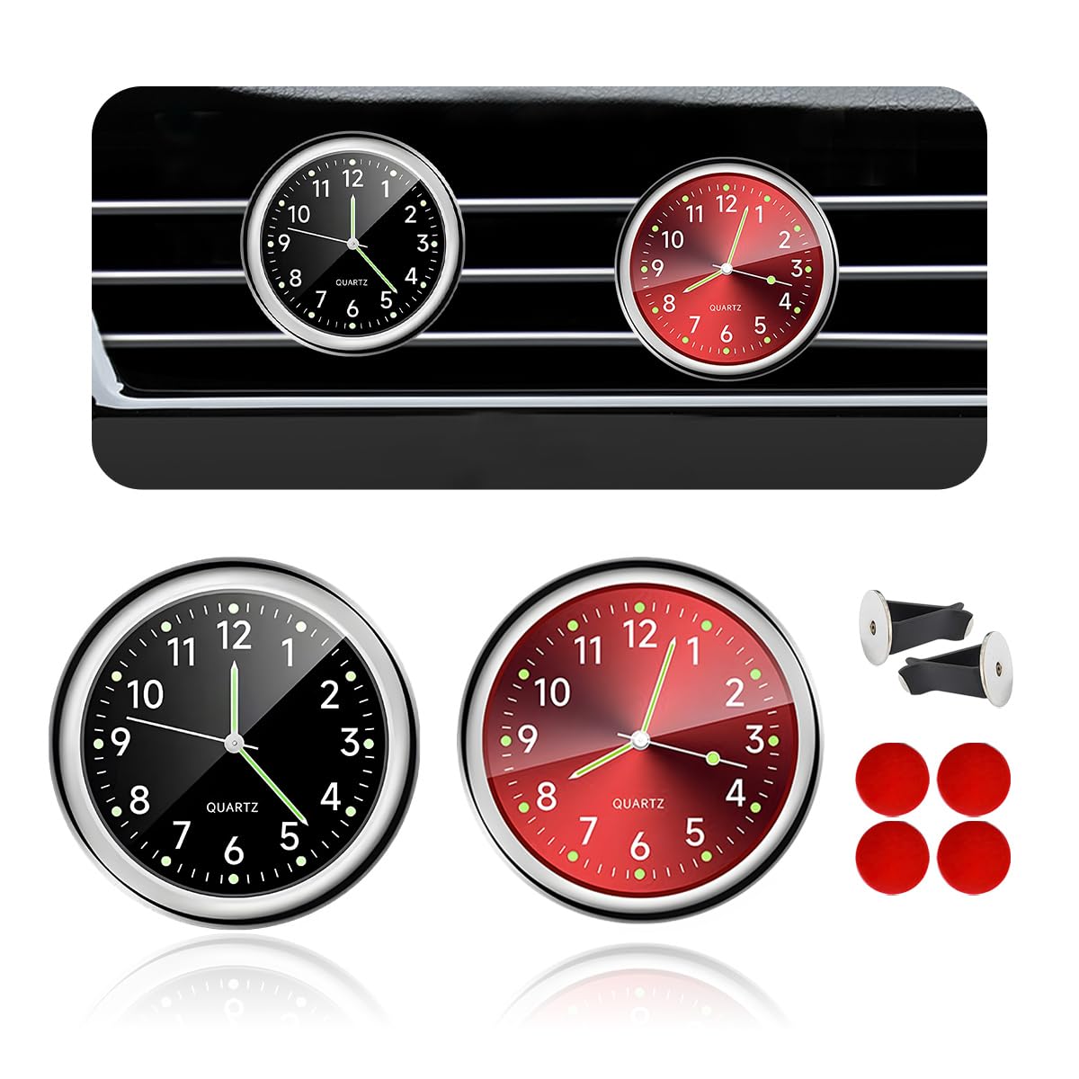 2 PCS Car Clock, Mini Luminous Pointer Clock Stick on Automotive Dashboard, Self Adhesive Round Clocks Watch Universal for Most Vehicles, Decorative Car Accessories (Black+Red)