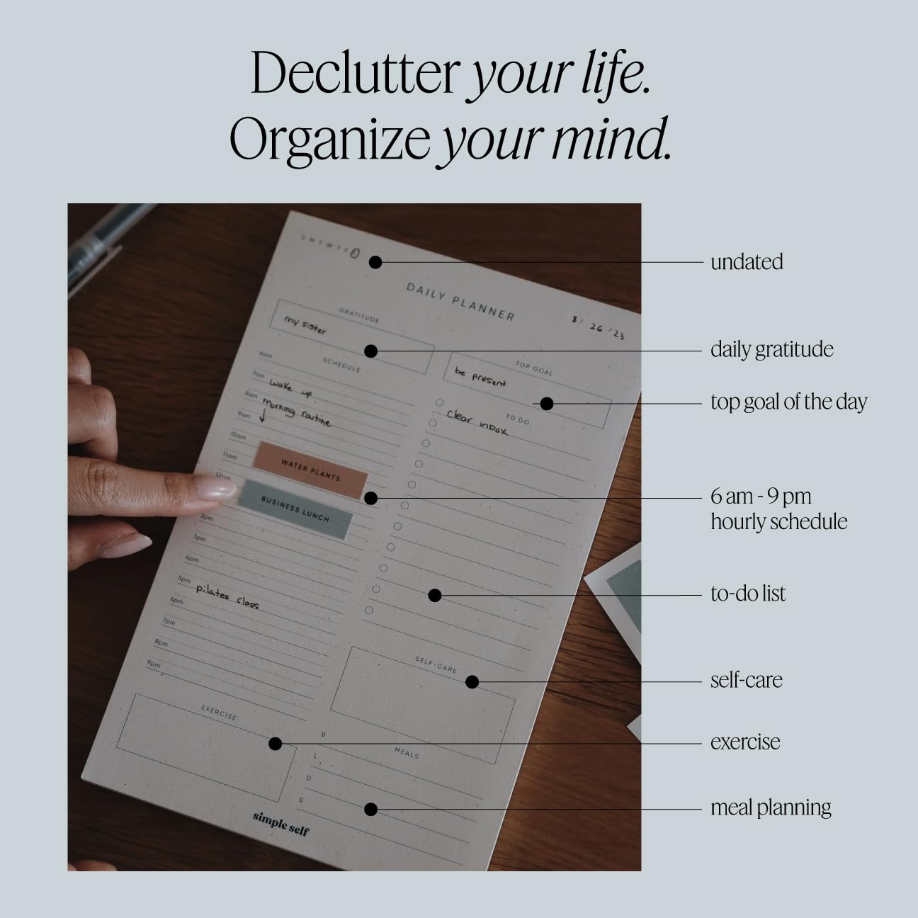 Simple Self - Bloc de notas diario por hora con lista de tareas, comidas, ejercicio, gratitud y cuidado personal, bloc de notas estético minimalista, 52 hojas