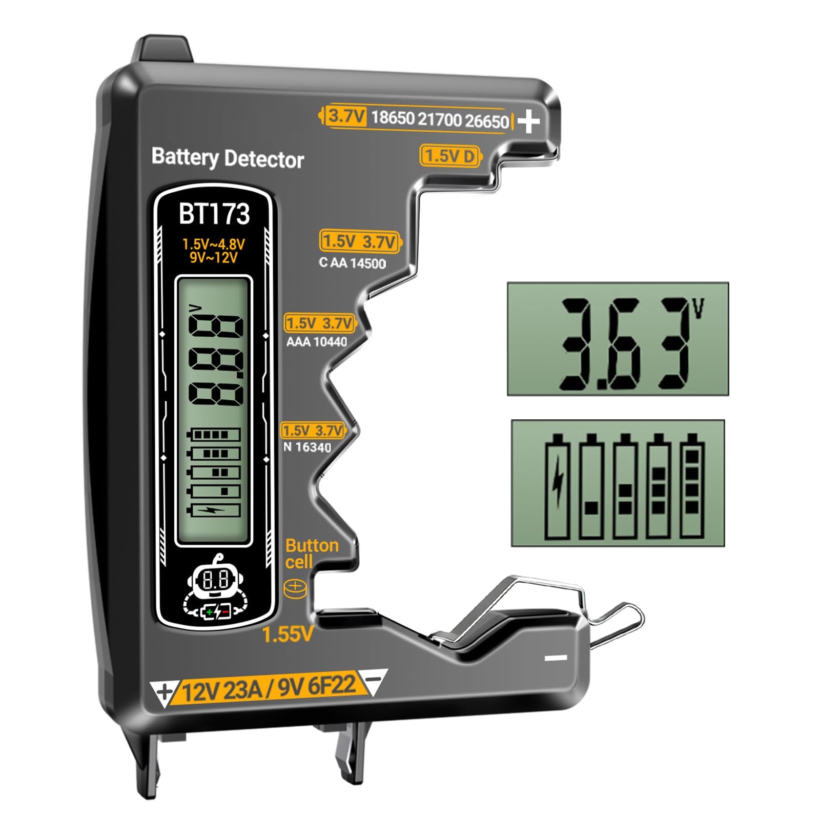 Serplex® LCD Battery Tester, Portable Digital Voltage & Capacity Detector for 1.5V/3.7V/9V 6F22/12V 23A /AA/AAA/C/D Button & Lithium Batteries, Universal BT173 Battery Tester-image-17