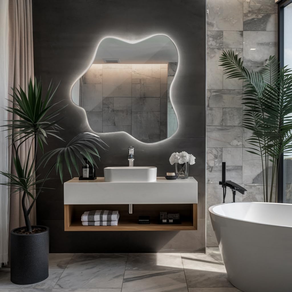 Grande Specchio Con Luci 77,3x76,6 cm Forma Irregolare Organico LED Illuminazione per Soggiorno Bagno Camera da Letto il Corridoio Bianco Freddo da Trucco Moderno Design Senza Cornice Asimmetrico