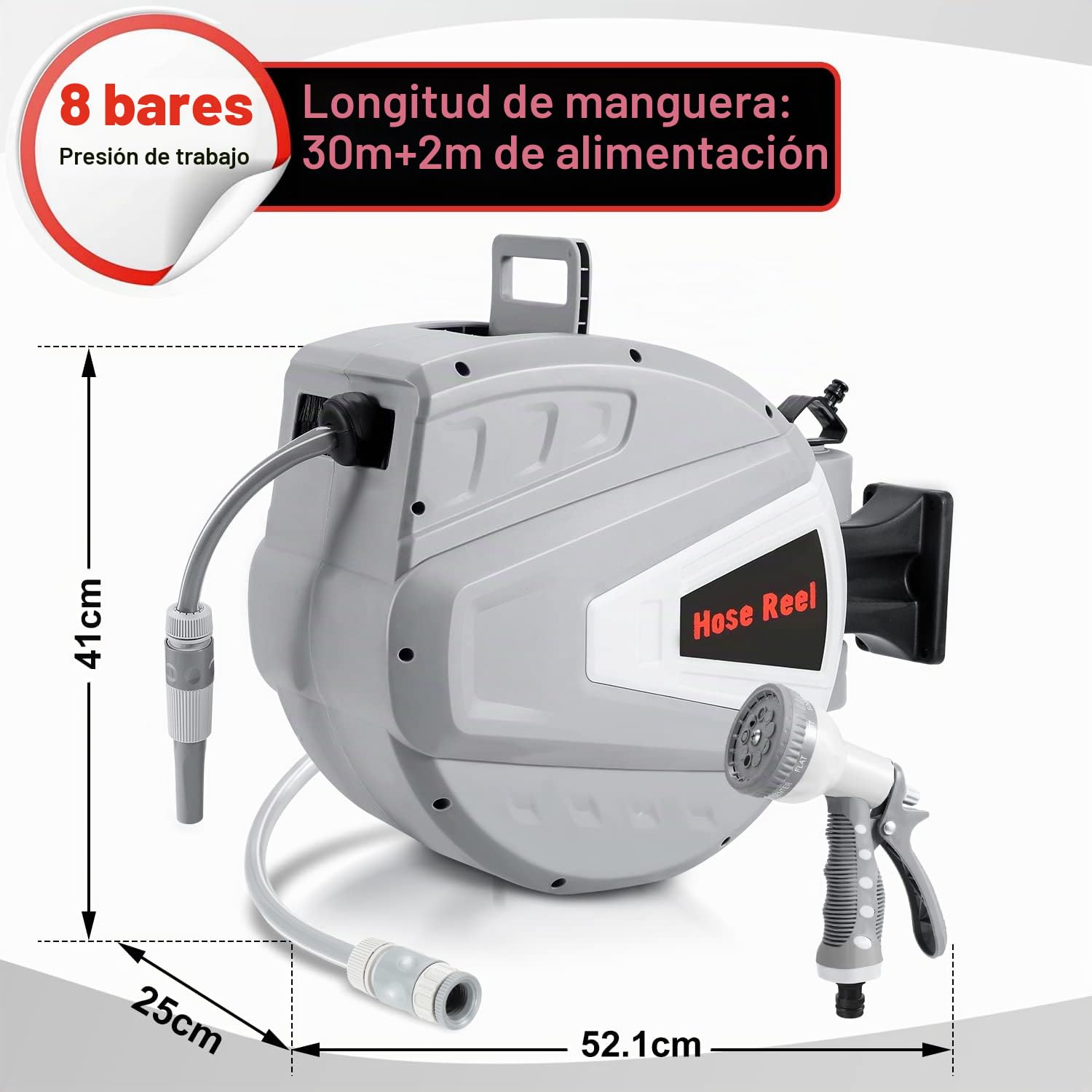 Carrete de manguera de 30 m, montaje en pared, manguera de jardín con extracción automática, caja de manguera de 180 grados, tambor de manguera de agua para riego de jardín (gris)