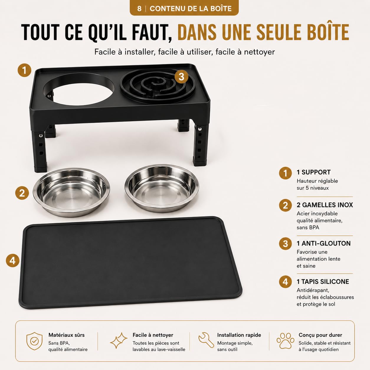 Gamelle Surélevée pour Chien Réglable – 5 Hauteurs Ergonomiques – Améliore Posture & Digestion – 2 Bols INOX 1200ml + Anti-Glouton 800ml – Tapis Antidérapant – Chiens Petits, Moyens, Grands