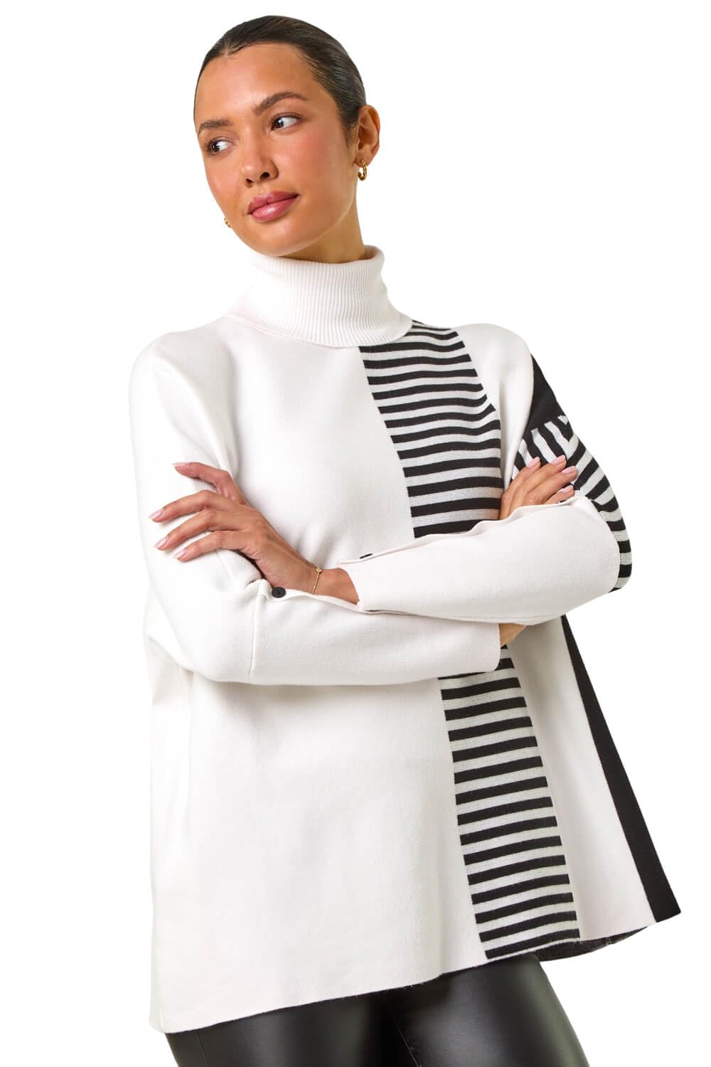 Roman Originals Women's Ivory Stripe Colour Block Jumper For Uk - Everyday Autumn Winter Roll Neckline Comfy Soft Evening Vacation Work Party Night Out - Size 18