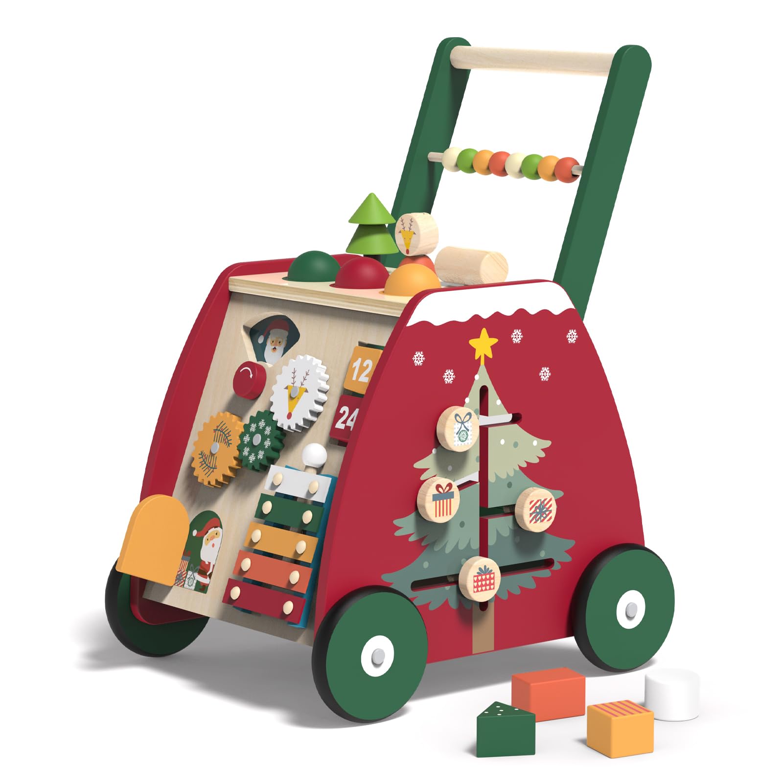 Christmas Gift Wooden Baby Walker, Multiple Learning Activities Center Develops Motor Skills for Infant to Toddler, Push and Pull Walkers with Wheel for Boys Girls