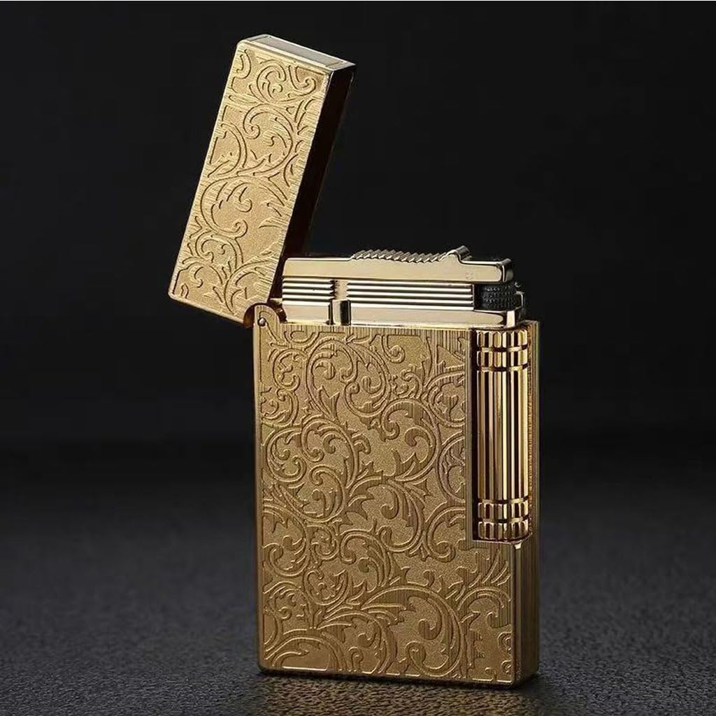 Mens Vintage Gas Lighter Flip Sound Engraving Refillable Butane Side Slide Wheel Ignition for Collectible Decorative Gift Gold