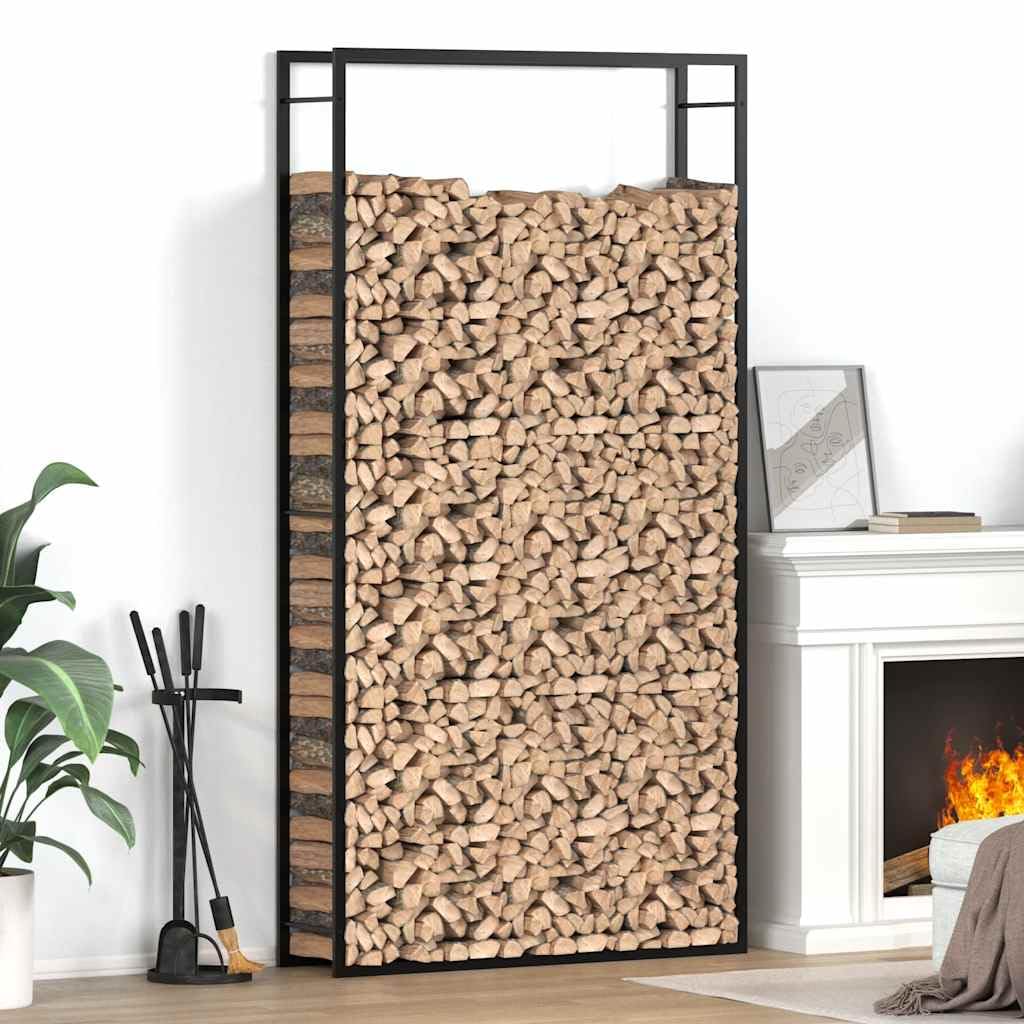 Wytrzymały stojak na drewno opałowe, matowy, czarny, stalowy uchwyt na drewno do kominka do użytku wewnątrz i na zewnątrz, 110 x 28 x 214 cm, drewniany stojak do przechowywania, odporny na