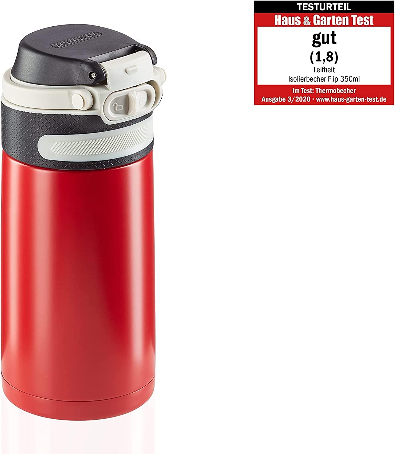 Leifheit Flip Bouteille isotherme (350 ml) avec bouchon à vis, mug voyage avec fermeture 100% anti-fuite, mug étanche avec ouverture à une main, rouge