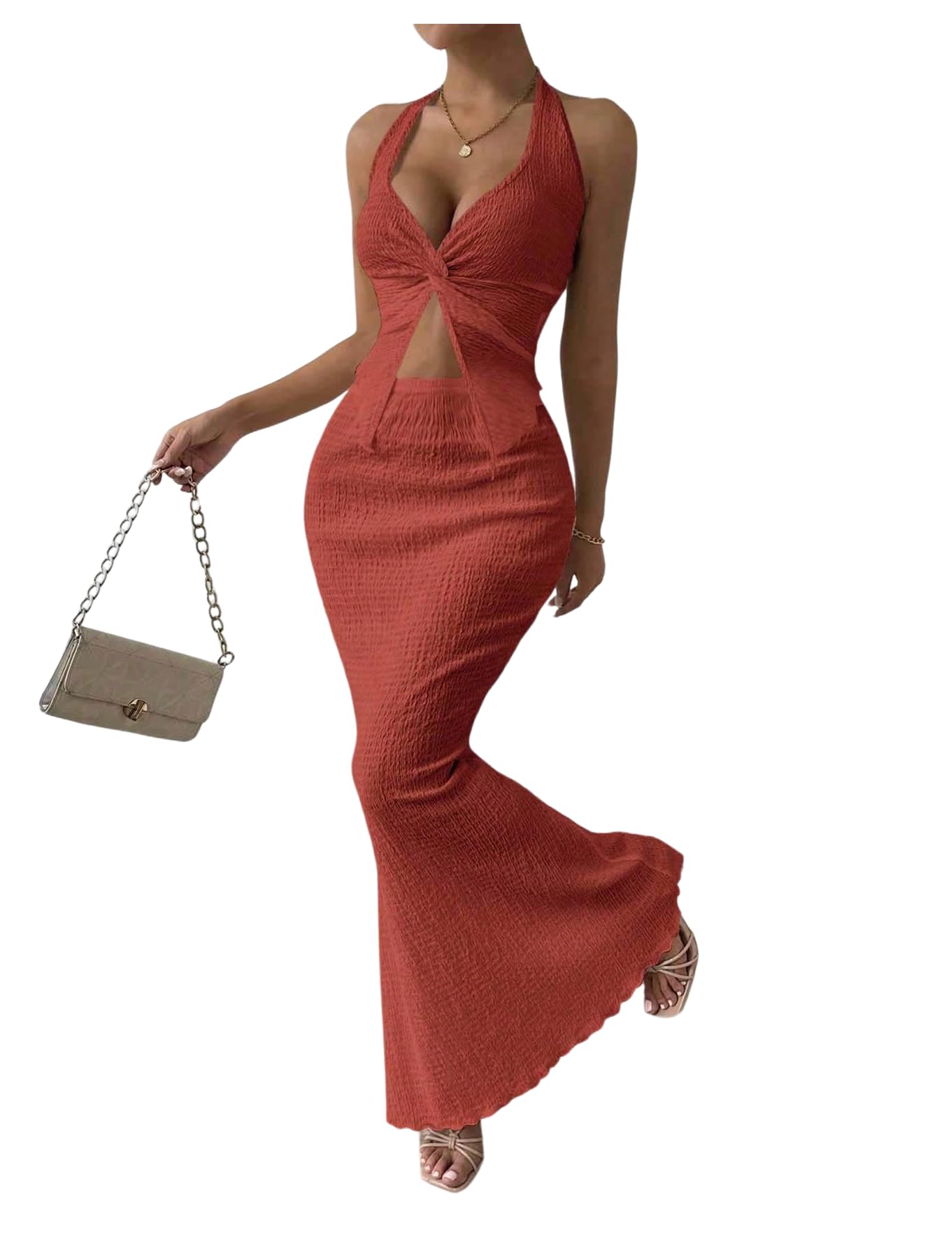 SOLY HUX Women's 2 Piece Outfit Twist Front Halter Cami Skirt Summer Set