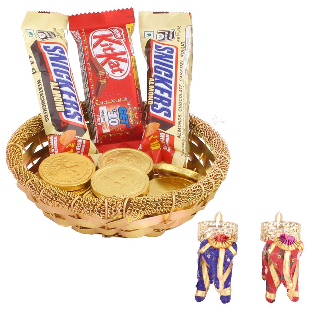 Astonished Retail Golden Coin & Snickers Almond Chocolate Hamper | Premium Diwali Chocolate Hamper | Diwali Chooclate Gift with Elephant Design Diya Set of 2 | 328