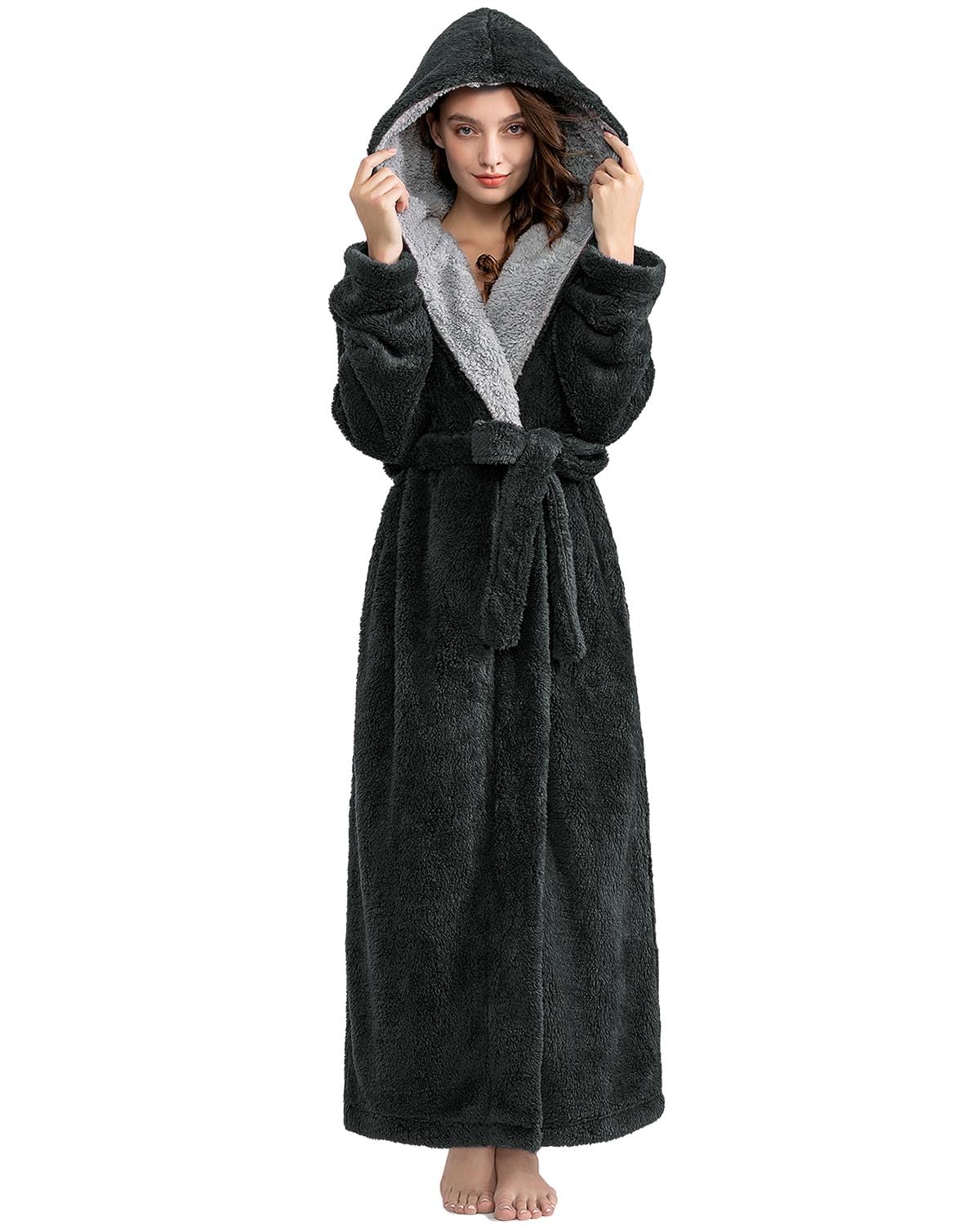 ZFSOCK Damen Bademantel Lang und Flauschig: Plüsch Fleece Hausmantel ohne Kapuze - Dick & Bequem für Zuhause oder als We