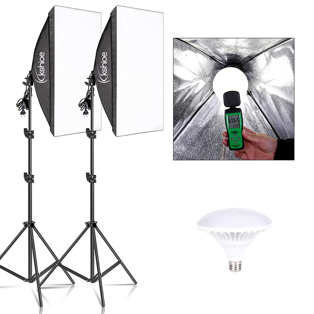 Bonnlo Softbox Licht Kit für Fotostudio, 50 x 70 cm Softbox mit E27 Sockel und 2X 5500K LED Lampen, höhenverstellbare Aluminium Stative, inkl. Tragetasche