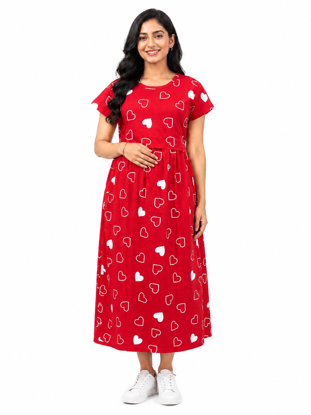 Women's Heart Print Maternity Maxi Dress | Concealed Pull-Up Feeding Access | Deep Side Pockets & Adjustable Back Drawstring Gown-picture-54